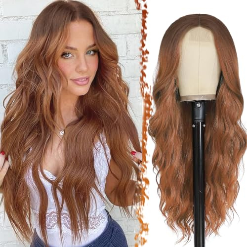 BARSDAR Lange Wellig Auburn Perücke, 66cm Mittelscheitel Lockige Wellig Perücke Natürliche Synthetische Haar Replacement Perücken Hitzebeständig für Frauen Tägliche Party Halloween (Ombre Auburn)