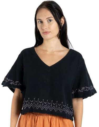 GURU SHOP Weites Top mit Handgefertigtem Druck, Leinenlook Boho Blusentop - Schwarz, Damen, Baumwolle, Size:M
