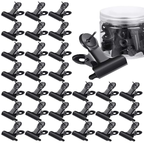 Büroklammern mit Pinnadeln, Schwarz Bulldog Clips Stecknadeln Bulldogge Metallklammern, 30mm Kleine Push Pins Clips für Fotobilder, Korktafeln Büro Küche Hause, 30er Pack