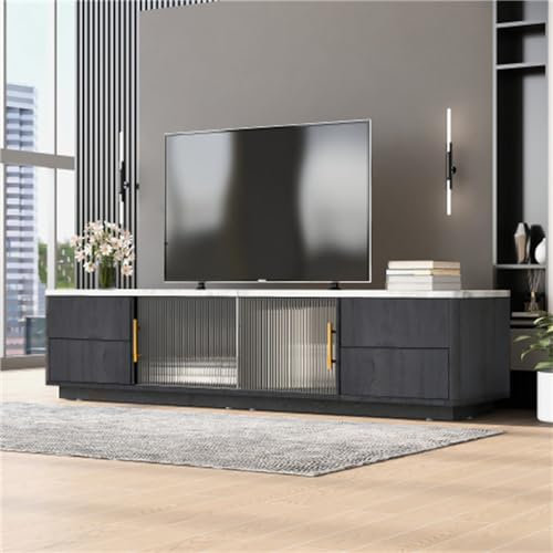 hrijusdif Mobile TV, adatto per TV da 70 pollici, nero, design moderno, piano in marmo, cassetti con funzione push-open