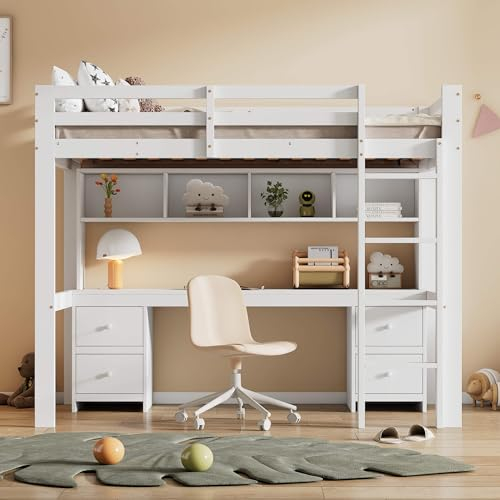 Kinderbett, Etagenbett 90x200cm mit Integrierter Schreibtisch und Ablagefach, Hochbett mit Vier Schublade und Rausfallschutz, Bettrahmen und Lattenrost aus Stabiler Massivholz, Ohne Matratze, Weiß