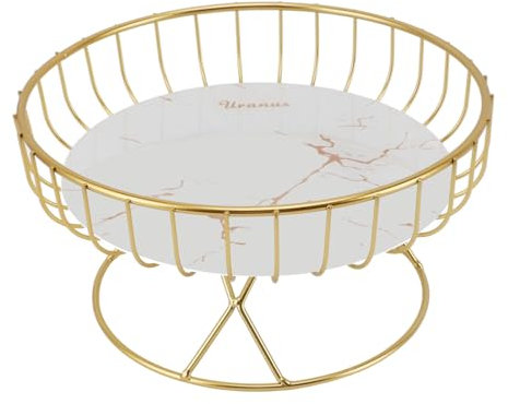 Metal Wire Fruit Basket, Gold Fruit Bowl for Kitchen Counter, Fruit Holder Stand Storage Baskets for Countertop, Home Decor, Table Centerpieces (L White Background with Gold