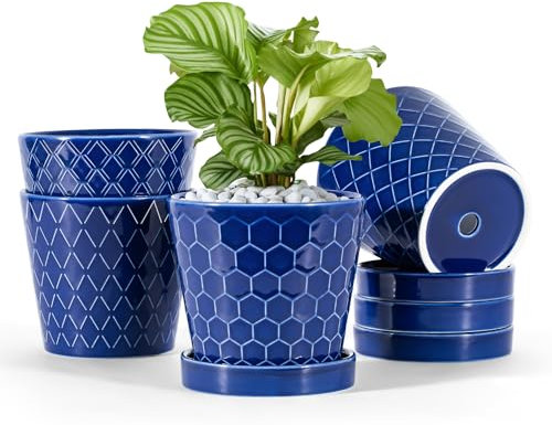 BUYMAX Lot de 4 pots de fleurs d'intérieur en céramique de 12,7 cm avec trou de drainage et plateau en céramique – Jardinage, maison, bureau, rebord de fenêtre, cadeau, lot de 4 plantes non incluses