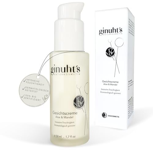 ginuht´s NATURKOSMETIK Gesichtscreme 100% Bio für intensive Feuchtigkeit | Schnell einziehende Feuchtigkeitscreme für das Gesicht | Entzündungshemmende Tagescreme mit Aloe Vera & Mandelöl (50ml)