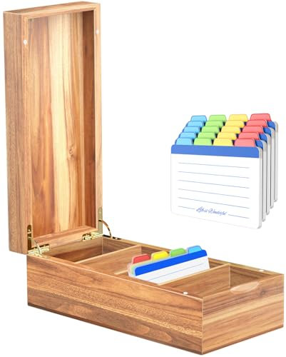 Neando Visitenkartenhalter aus Akazienholz mit Deckel – 5,1 x 8,9 cm Karteikarten-Organizer mit 5 Fächern, hält 600 Karten, Magnetverschluss, 20 leere Tabs – Rustikale Schreibtisch-Aktenbox für Büro
