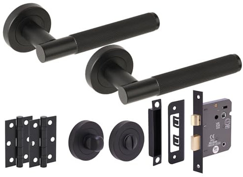 Hunta HANDLEZONE® Evo Knurled Grip Door Handles on Rose Bathroom Lock Pack with Standard Turn Set, 76mm Lock, 75mm Ball Bearing Hinges - Black Matt