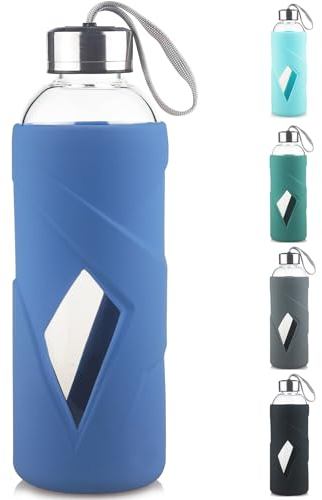 SHOW INGENUITY 1000ml Borosilicate Glass Water Bottle BPA Free Reusable Glass Drinking Bottle with Silicone Sleeve and Stainless Steel Lid