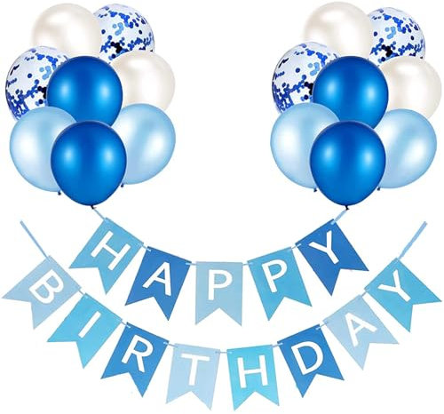 Luftballons Geburtstag Dekoration Set, blau weiße Geburtstagsdeko Happy Birthday deko Banner Party Deko Geburtstag Set mit blau weiße Latex Luftballons Konfetti Ballons(Blau)