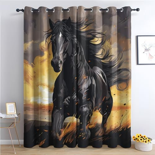 THYUNQ Vorhänge Pferd Motiv, Vorhang Blickdicht Verdunklungsvorhänge Thermovorhang mit Ösen, Gardinen Wohnzimmer Schlafzimmer Fenster, 2er Set Curtains, H 220 x B 140 cm