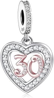 Mon & Sons 30th Birthday Charm - Rose Gold Love Heart Sterling Silver Compatible With Pandora Charm Bracelet