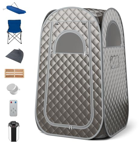 RELAX4LIFE Portable Steam Sauna, Personal Full Body Spa Sauna Tent with 3L Steam Generator, Remote Control, Foot Massager & Foldable Chair, Slimming Detox Therapy Pop-up Home Sauna Cabin (Grey)