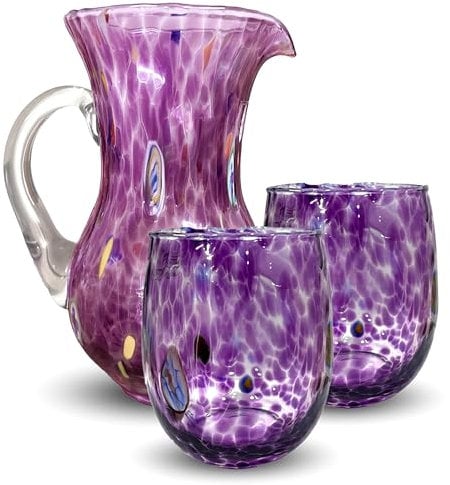 Gocce di Murano Brocca Buvette da 750 ml + 2 Bicchieri Vetro Made in Italy in Vetro Soffiato. Lavorati Secondo la Tradizione degli Artigiani di Murano, Caraffa da Tavolo Elegante (Ametista)