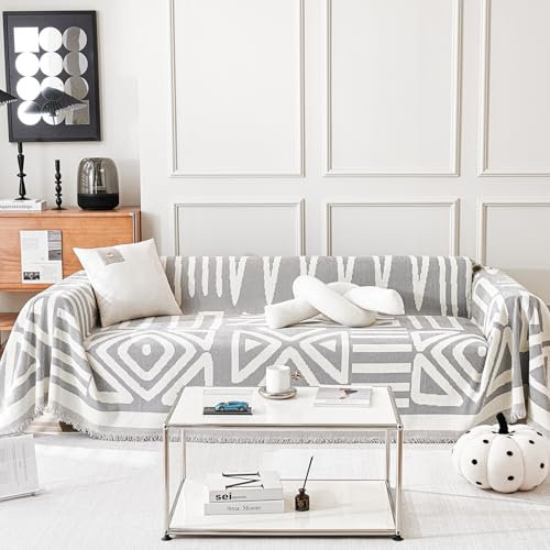 TAOTAOGO Sofaüberzug für 2/3/4 Sitzer, L-förmige Ecksofas, Boho AB Seiten Chenille Sofa Überwurfdecke, Waschbar Sofaüberwurf, Ganzjährig Nutzbar Couchüberzug mit Quasten, A Grau 180x380cm