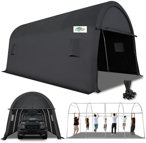 COBIZI Carport - Tenda da garage portatile, resistente, 3 x 6 m, con telaio e prese d'aria in metallo interamente in acciaio, capannone portaoggetti da esterno in stile rotondo, per auto, camion