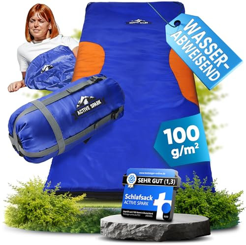 ACTIVE SPARK Schlafsack - wasserabweisend - Outdoor Sleeping Bag - Nie mehr kalte Füße Dank Taschenwärmer-Tasche - 0 Grad Komfort-Mumienschlafsack leicht (Sommerschlafsack, Blau/Orange)
