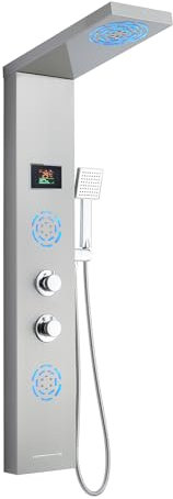 KEOKBON 5 in 1 Duschpaneel mit Armatur Batterielos Duschamaturenset LED Duschzeit und ℃ Anzeige, 2 Modi Kopfbrause Regendusche Nebeldusche LED-Massagedusche, Gebürstet Rostfreier Edelstahl Duschpaneel