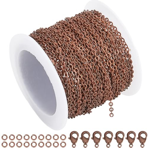 SOFPLATE 32.8 Fuß/10 m Rote Kupferkette Messingketten Set 2.6x2mm Verlängerungs Zugverbinder Verbindungskabelketten Mit Spule Karabinerverschlüsse Biegeringe Für Die Schmuckherstellung Halsketten Bast