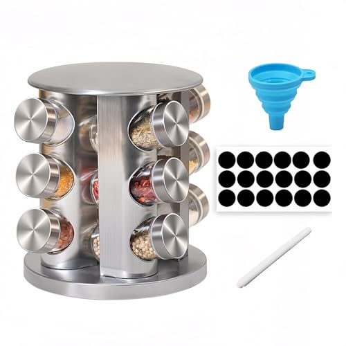HOMTERN Rotating Spice Rack,Spice Jars,12-Jar Square Carousel Organizer for Kitchen Seasonings,kitchen Cupboard Organiser,Spice Organiser,Cupboard Organiser.