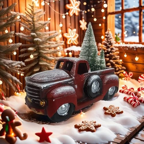 Qidures Vintage Rotes Auto Mit Weihnachtsbaum, Metall Pickup Auto Mit Baum Weihnachten Deko, Weihnachten Vintage Truck Mit M-ini Weihnachtsbäume Für Tisch Kaminsims Regals Weihnachtsdekoration