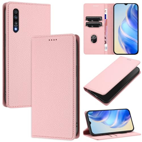 DENDICO Handyhülle für Samsung Galaxy A70 Hülle, PU Leder Klapphülle mit RFID-Blockierung, Stoßfeste Magnetische Schutzhülle für Samsung A70, Rosa