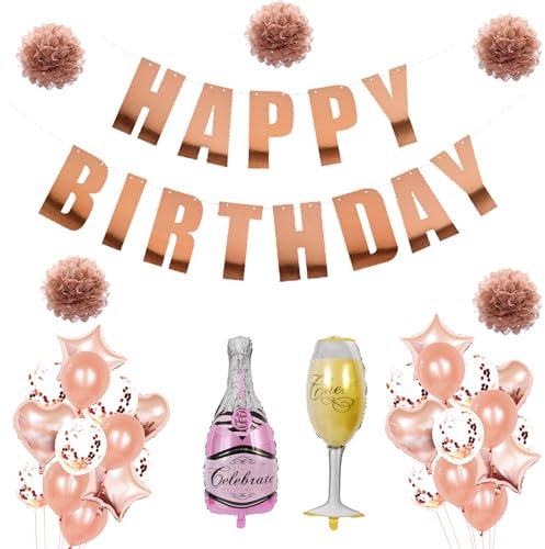 hocadon Kit Anniversaire Fille Decoration Anniversaire Fille Femme Deco Anniversaire Rose Gold Kit Anniversaire avec Banderole Happy Birthday pour Decoration Anniversaire
