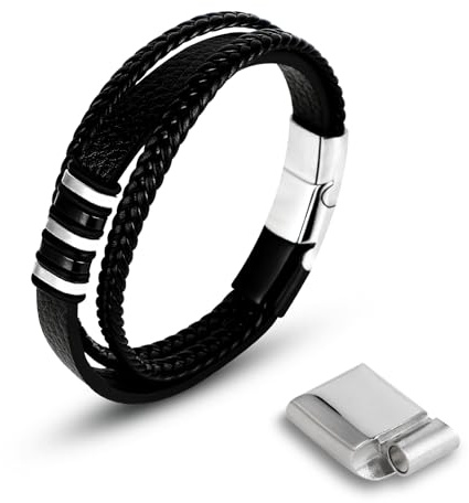 Lrocotanc Herren Armband - Lerderarmband - Leder Armreif Schwarz - Vatertagsgeschenk - Geschenk für Männer - Geflochtenes Echtleder-Wickelarmband mit Magnet-Verlängerungsverschluss