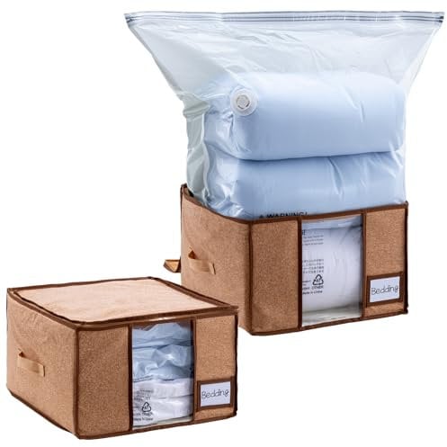 TAILI Vacuum Storage Bags with Box 2 in 1 Space Saver Vacuum Bags Unique Wood-Fabric Design 42 x 40 x 25 CM for Duvets, Clothes, Bedding, Foldable Under Bed Storage Box Save 80% More Space