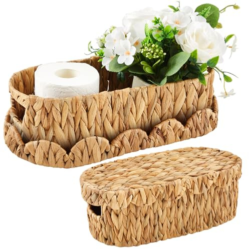 Wonderjune 2 Pack Toilet Paper Storage Basket with Lid Two Water Hyacinth Woven Wicker Bathroom Organizer Farmhouse Boho Decorative Toilet Tank Top Holder Bath Accessories