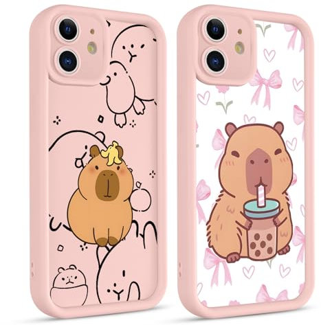 2 Stück Cute Anime Handyhülle für iPhone 12 Hülle 6.1, Niedlich Karikatur Tier Capybara Aesthetic Muster Design mit Weiche Stoßfest TPU Silikon Schutzhülle Dünn Mädchen Bumper Case, Aesthetic