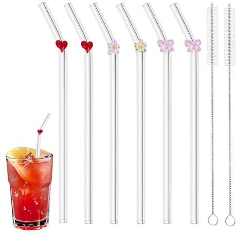 Embhlitfe 6pcs Reusable Glass Straw, Bent Glass Straws with 2pcs Cleaning Brush, Clear Straws with Bows, Flowers, Heart for Smoothie Milk Coffee Coctail Water Juice Cocktail