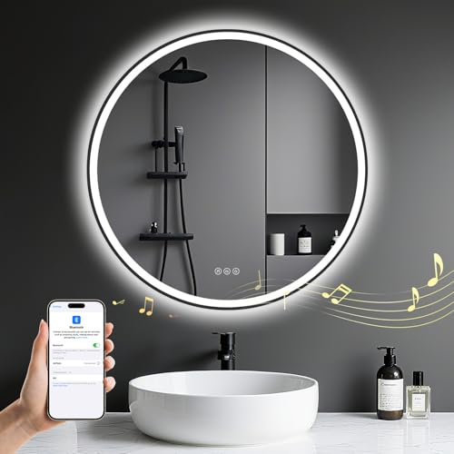 Archaluxe Badspiegel mit Beleuchtung 60cm - LED-Badezimmer-Spiegel Rund mit Bluetooth, Beschlagfrei, Touch-Schalter, Dimmbar,3 Lichtfarben, Speicherfunktion - Badezimmerspiegel Schwarz Metallrahmen