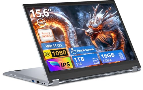 PC Portatile 2 in 1, Notebook R3 3200U CPU, Win 11 PC Portatile 16 GB RAM 1TB SSD, 15,6 Pollici Notebook 1080P Touchscreen Flip 360°, Radeon Graphics GPU, Laptop con RJ45+USB 3.0+Mini-HDMI+Webcam