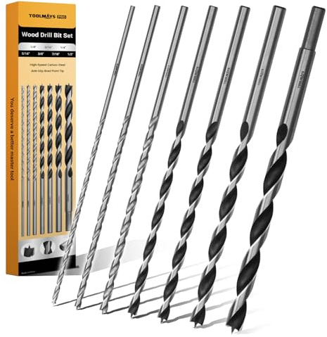 Extra Long 9.05 Brad Point Wood Drill Bit Set Metric - 7 Pack Carpenters Quality - Drill Splinter-Free Perfectly Round Holes in All Types of Wood (1/8,3/16,1/4, 5/16,3/8,7/16,1/2)