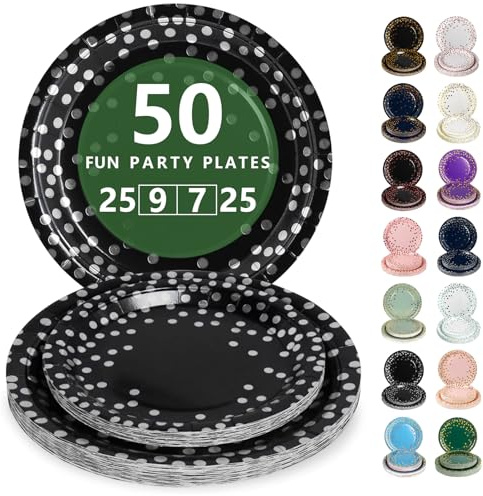 Nkaiso 50 Pcs Black and Silver Disposable Party Paper Plates Set | Party Supplies- 25x9inch & 25x32inch Plate Elegant Disposable Tableware for Birthday, Wedding, Shower