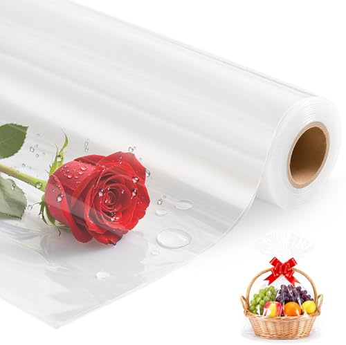Papier Emballage Transparent, 43CM x 30M Rouleau Plastique transparent(Plier en 21.5CM), 3 Mils papier Cadeau transparent, pour Bouquets Bonbons Biscuits