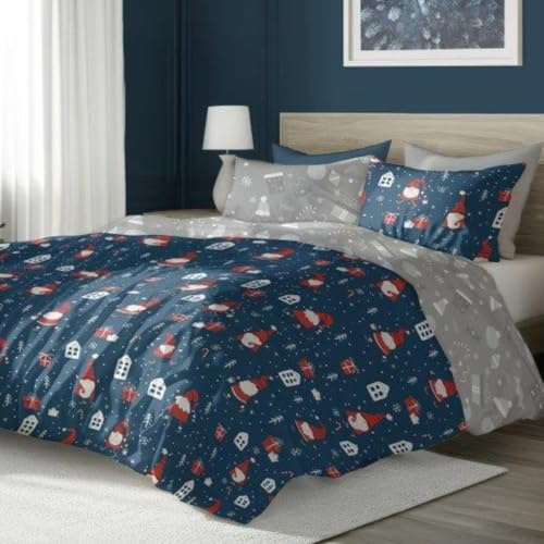 Faro Bettwäsche Set Baumwoll Weihnachtsbettwäsche (Dunkelblau Grau – Weihnachtsmann, 220x200 + 2x70x80 (3 TLG))
