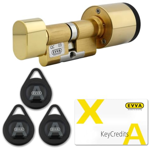 EVVA AirKey Starter Set - Digitaler Knaufzylinder | elektronisches Türschloss | modularer Schließzylinder + 3 Transponder + 6 Credits | Smartphone-Steuerung NFC Bluetooth | Messing poliert | 31/51K