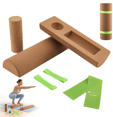 Cork Balance Board 4-in-1 Set | Wobble Board with Balance Blocks, Roller & Massage Ball | For Foot Strength, Ankle Stability & Mobility Training | Includes Resistance Bands for Home/Office Physio
