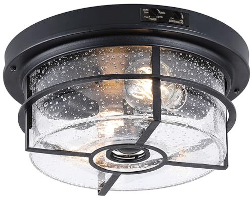 CALOKES Motion Sensor Outdoor Flush Mount Ceiling Light - Sleek Round Exterior with Seeded Clear Glass - Perfect for Front Porch, Garage, Entryway, Dusk to Dawn
