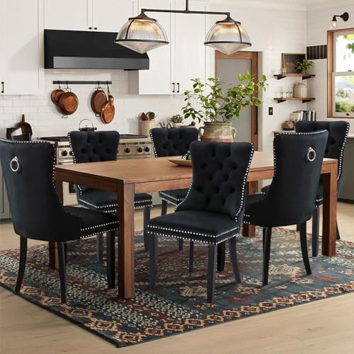 SoarTalent 6er Set Esszimmerstühle Samt gepolstert Nagelkopf, Schwarz | Samt gepolstert, Nagelkopfbesatz, Massivholzbeinen, Metall-Ziehring, für Esszimmer & Wohnzimmer