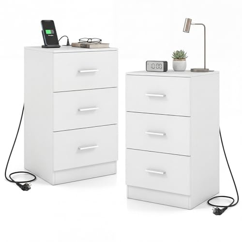 COSTWAY 2er Set Nachttisch mit Ladestation, Nachtschrank mit 3 Schubladen & USB-Anschluss, Hochglanz Nachtkommode, Beistelltisch für Boxspringbett, 38 x 35 x 66 cm (Weiß)