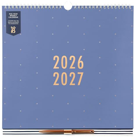 Busy B Väggkalender - Akademisk kalender i mitten av året — Aug '26 – Aug '27 – Veckovis familjekalender för 5 medlemmar – blå – penna, måltidsplaner, inköpslistor, klistermärken och förvaringsficka