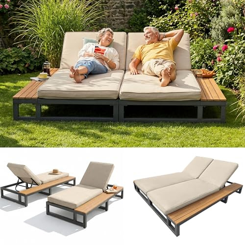 Luscriate Outdoor Lounge Liege Doppel – Multifunktionales Garten Daybed mit Verstellbarer Rückenlehne, wasserabweisendem Polster und Stauraumregalen Beige