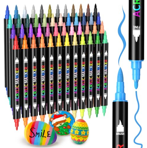 AKARUED 48 Farben Acrylstifte für Stoff, Stein, Holz, Glas, Holz Glas Papier Leinwand Wasserfester Dual Tip Geschenkekarte DIY Ostereier Deko Kunststoff, bemalen Set