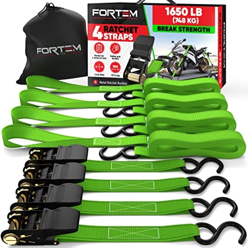 FORTEM Set de Correas de Amarre con Tensor de Trinquete, Resistencia 249 kg de Carga, 748 kg al Rompimiento, 4 Ganchos de Acero Plastificado, 4 Correas de 4.5m, 4 Hebillas (Verde)