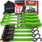 FORTEM Set de Correas de Amarre con Tensor de Trinquete, Resistencia 249 kg de Carga, 748 kg al Rompimiento, 4 Ganchos de Acero Plastificado, 4 Correas de 4.5m, 4 Hebillas (Verde)