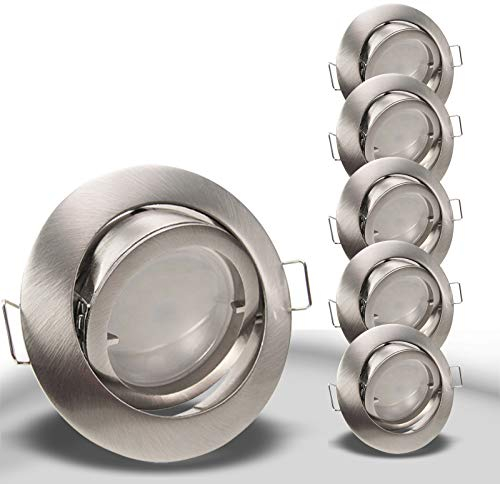 trendlights24 Premio-C LED Einbaustrahler 230V Edelstahl rund, 5er Set Spots 6W 450 lm GU10 Warmweiß, Decken Einbauleuchte 68 mm Einbauspots schwenkbar