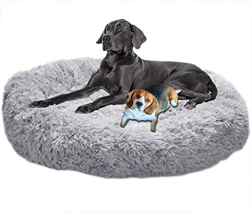 LINRUI Antistress Donut Hundebett Hoch XXL,Kuscheliges Hundekissen Memory Foam Flauschiges XXL Orthopädisch Oval Rund XL Hundehöhle für Mittelgroße große Hunde,Abwaschbar Grau