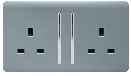 Trendi 2 Gang Raised Artistic Modern Glossy Screwless 13 Amp Single Pole with Chrome Switched UK Standard Electrical Double Wall Plug Socket in Cool Grey - ART-SKT213LCG