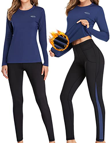 AMGUTEN Thermounterwäsche Damen Winter Skiunterwäsche Set Ski Thermo Unterwäsche Funktionsunterwäsche Motorrad Warme Thermowäsche Atmungsaktiv Funktionswäsche für zu Hause Wintersport Dunkelblau L